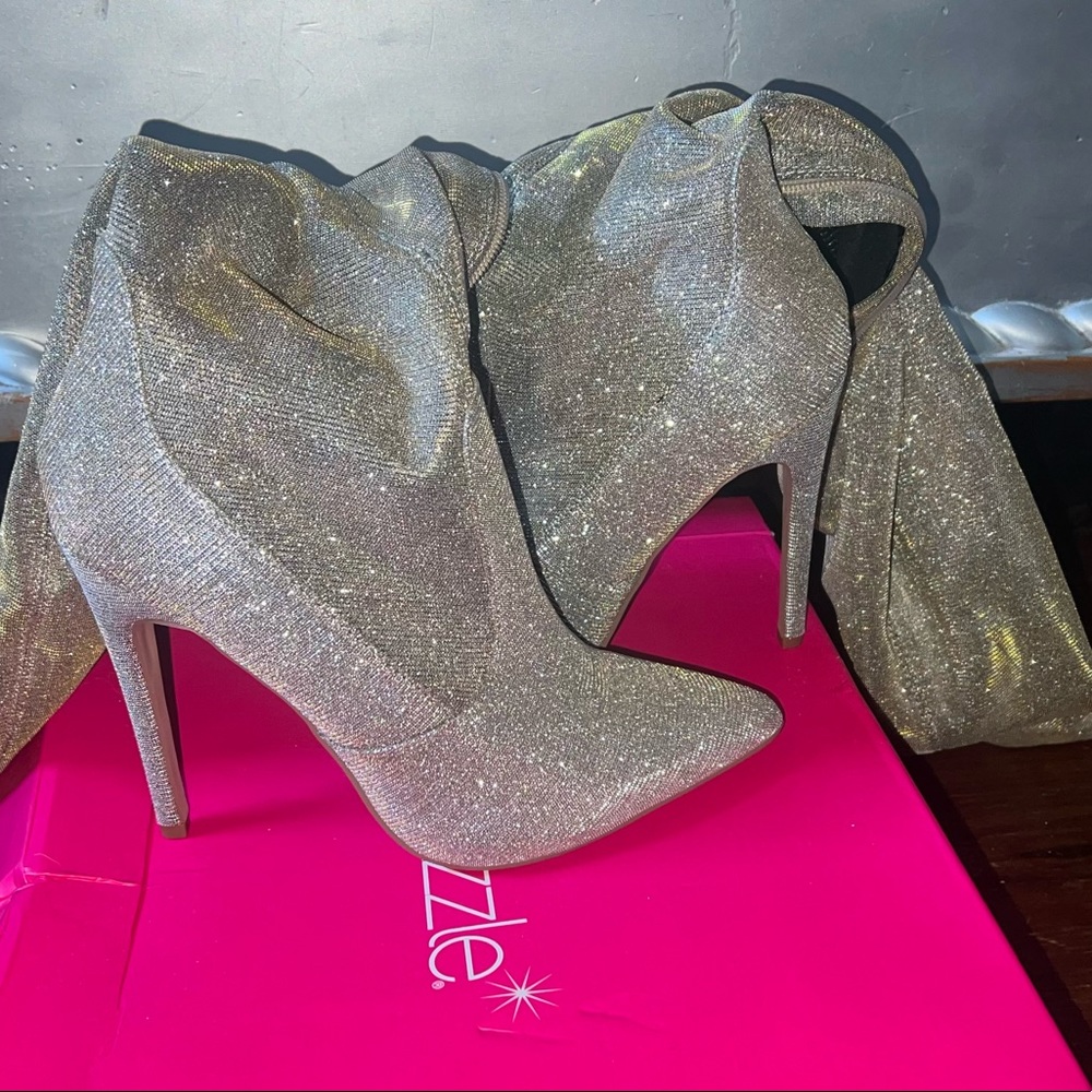 Glitter Pointed-Toe Stiletto Booties - Silver
